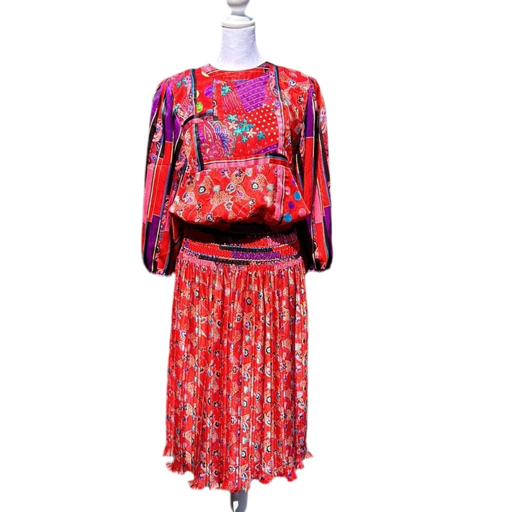 Vintage Diane Freis Red Dress with Poofy 3/4 Sleeves & Pleated Skirt Size Small